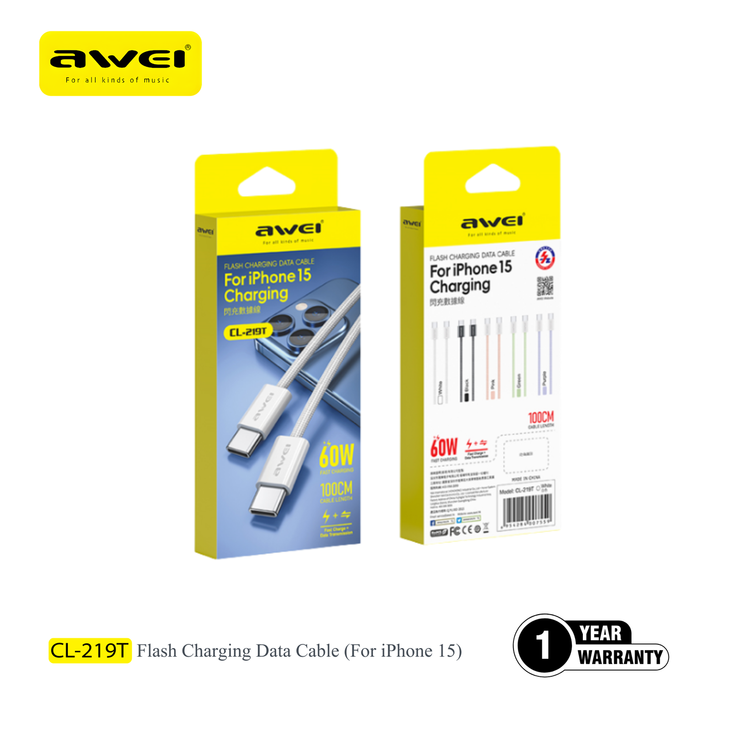 AWEI CL-219T Type-C to Type-C Fast Charging Cable 60W