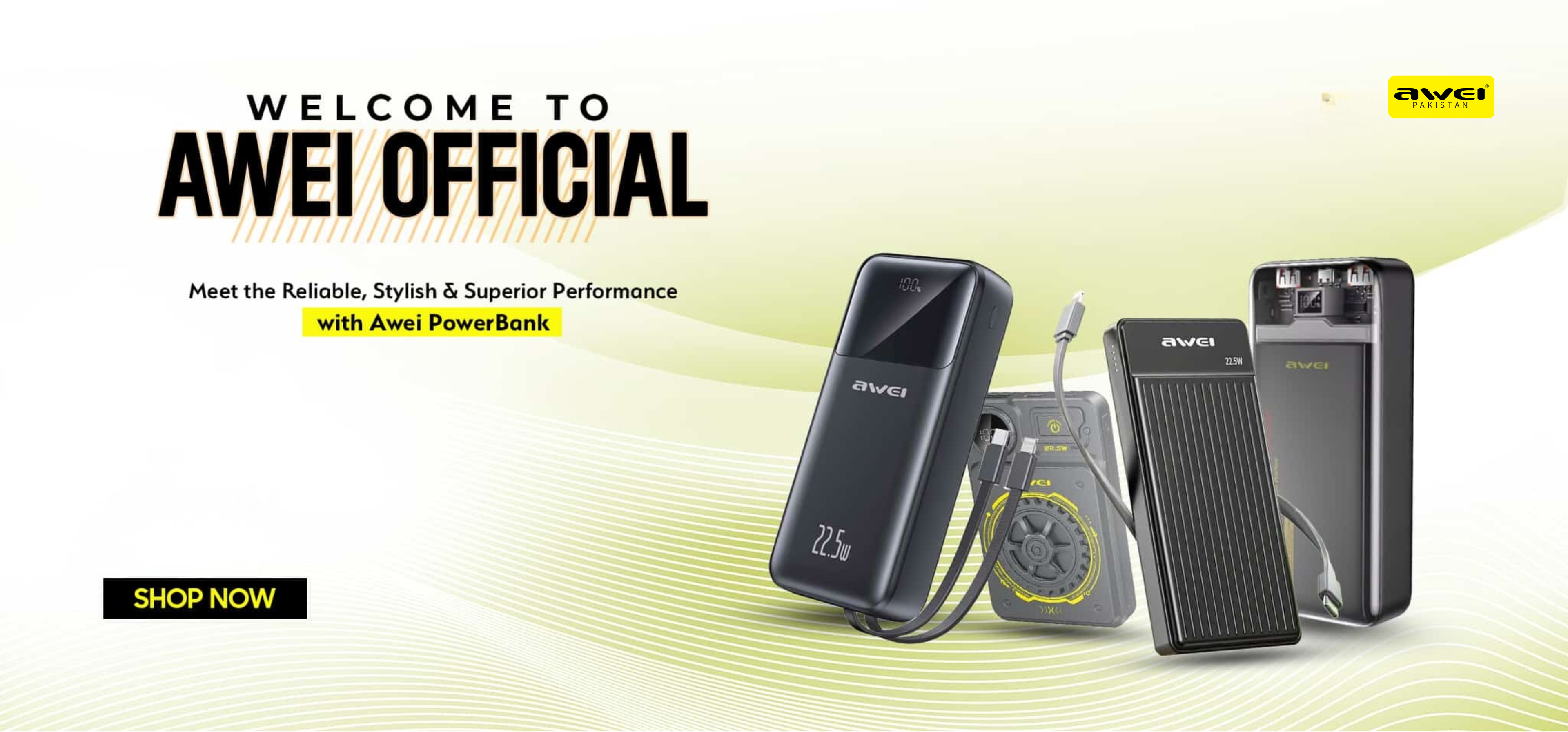 AWEI power banks displayed with promotional text Pakistan