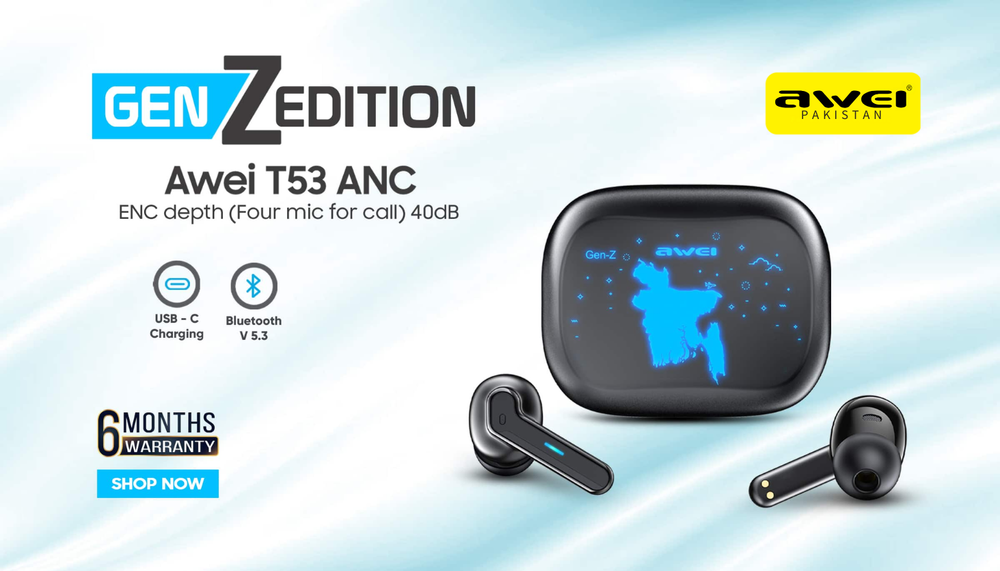 Awei T53 ANC wireless earbuds with charging case , featuring Awei branding Pakistan.