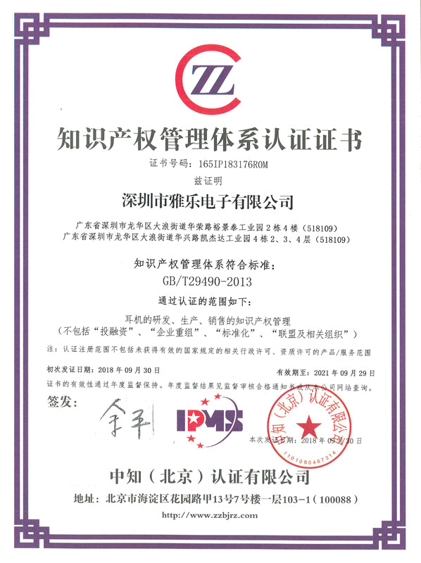AWEI Certificate of Intellectual Property Management System from Zhejiang Yaloo Electronics Co., Ltd.