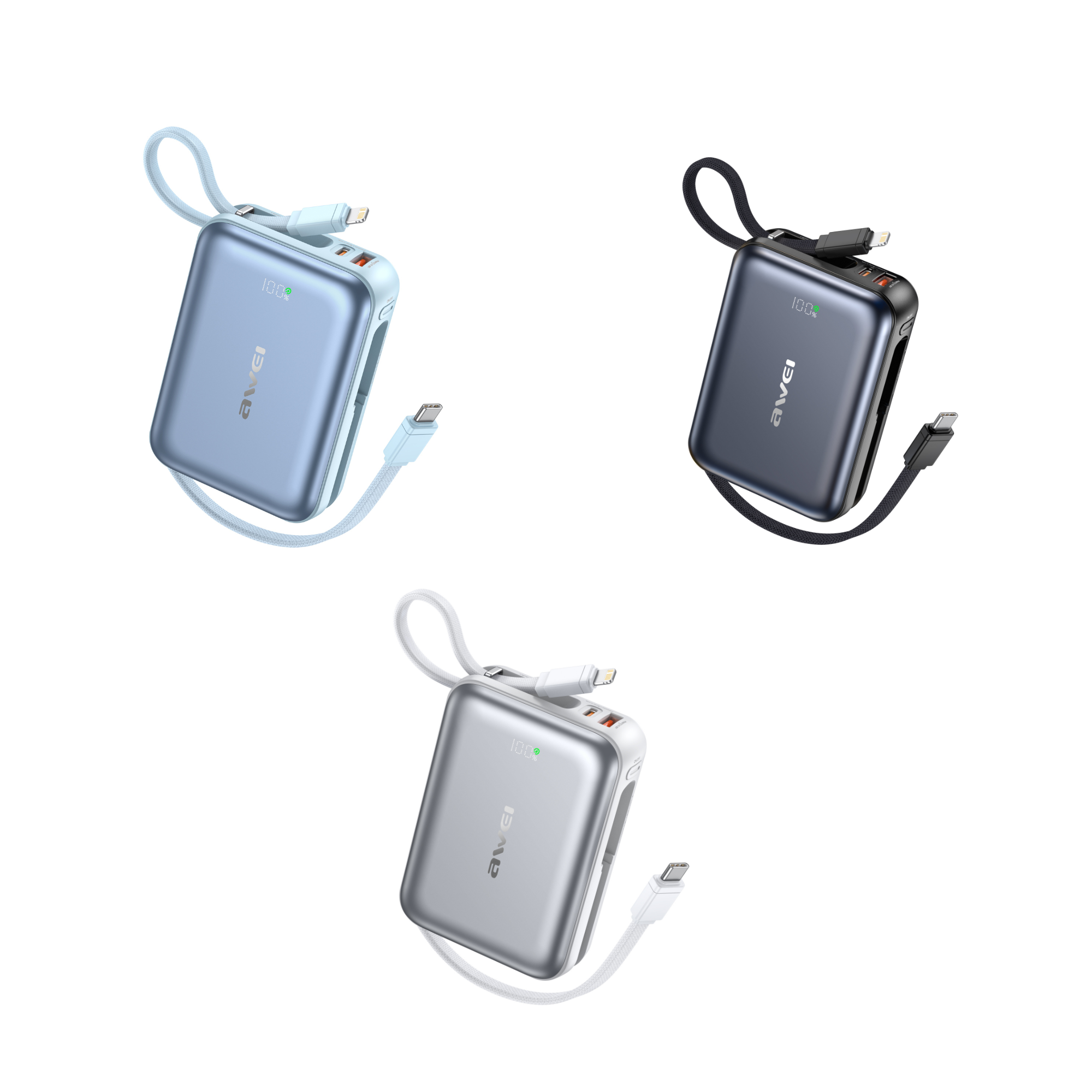 Awei 20000mAh 45W fast charging power bank with built-in cables Pakistan