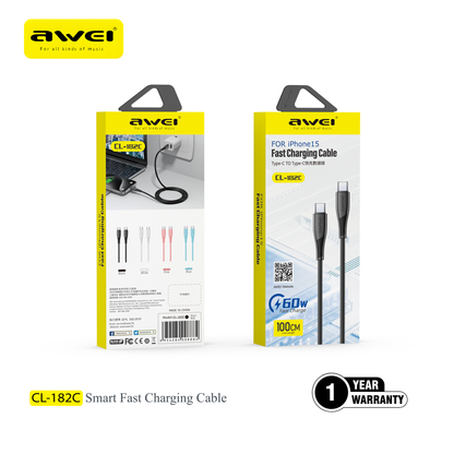 Awei USB C fast charging cable 20V 3A for iPhone 15 android durable PVC type c cable macaron colors fast charge Pakistan
