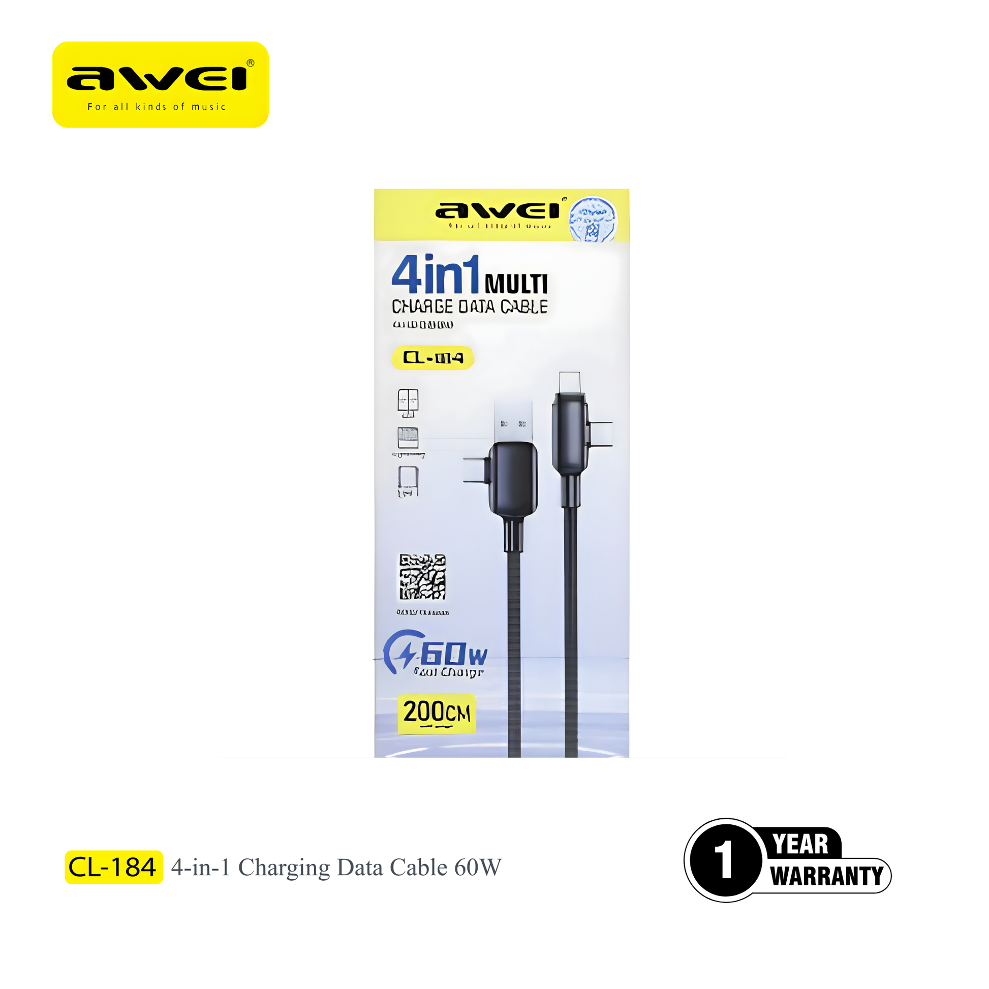 Awei CL184 cable type c 60W fast charging data transfer Pakistan