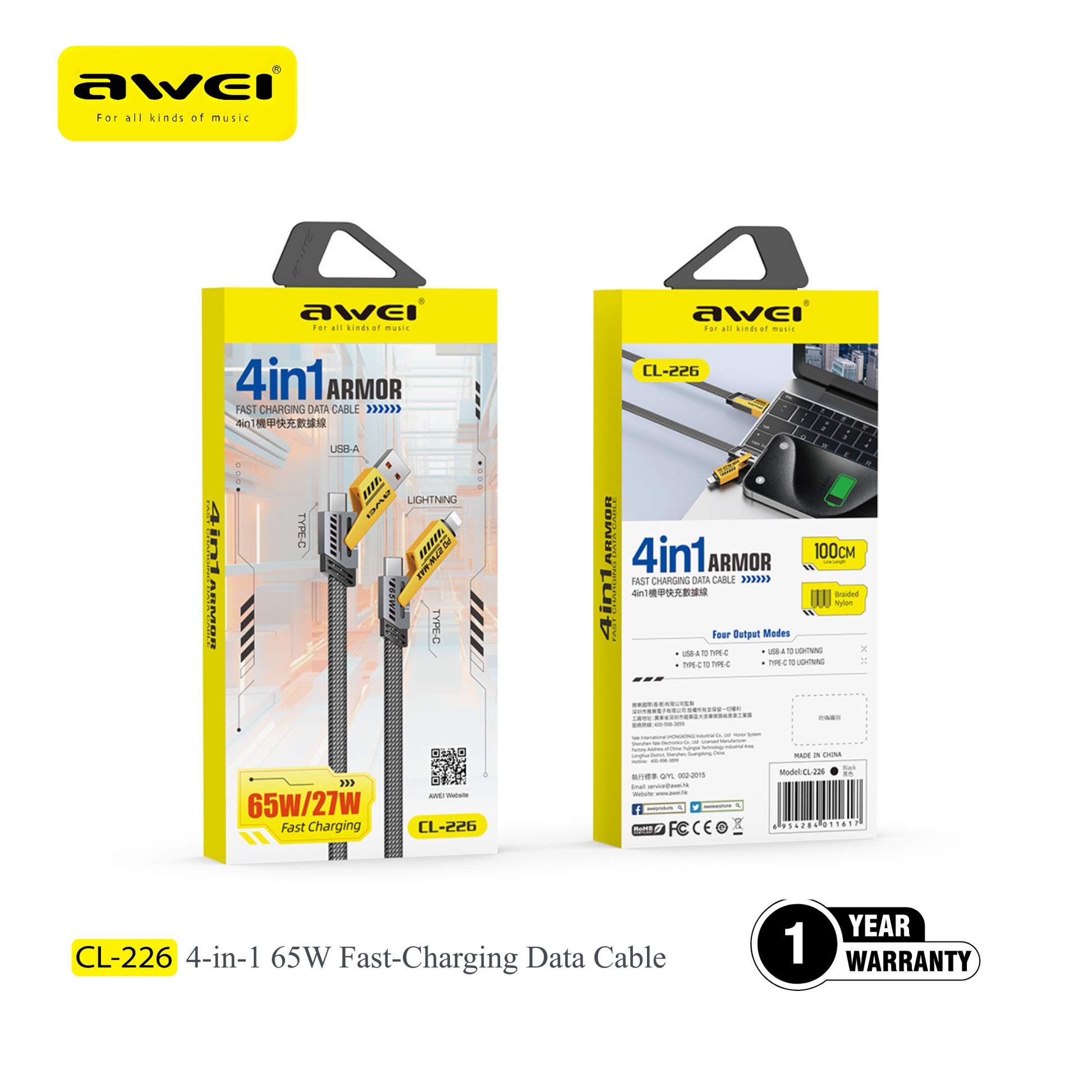 Awei 4 in 1 cable for iPhone android usb c devices Pakistan
