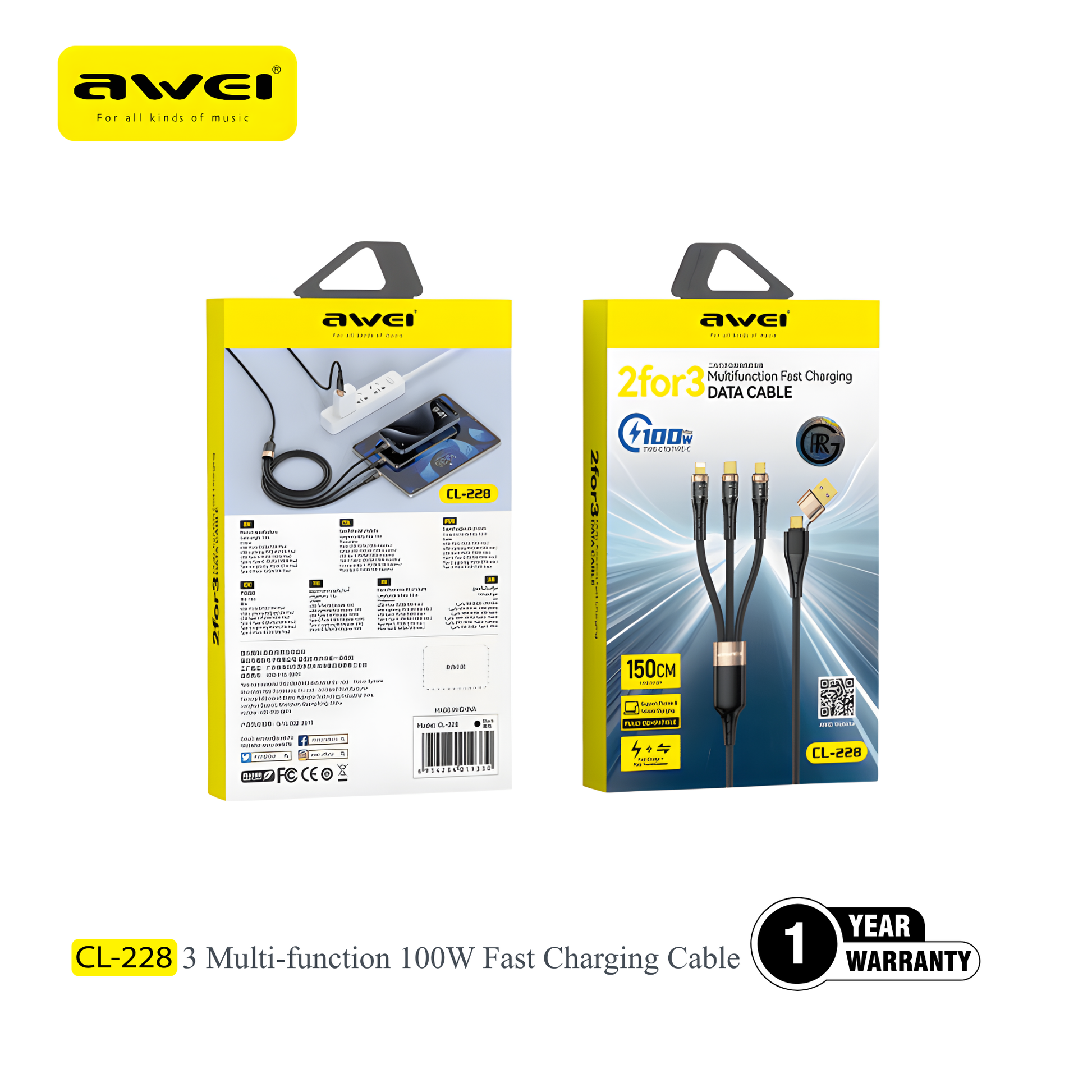 Awei type c to lightning usb micro usb multi charging cable Pakistan