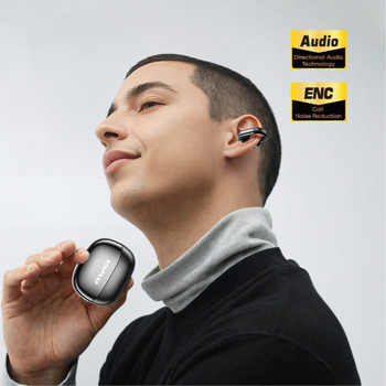 Person wearing Awei wireless earbuds with 'Audio Directional Audio Technology' and 'ENC Call Noise Reduction' logos Pakistan