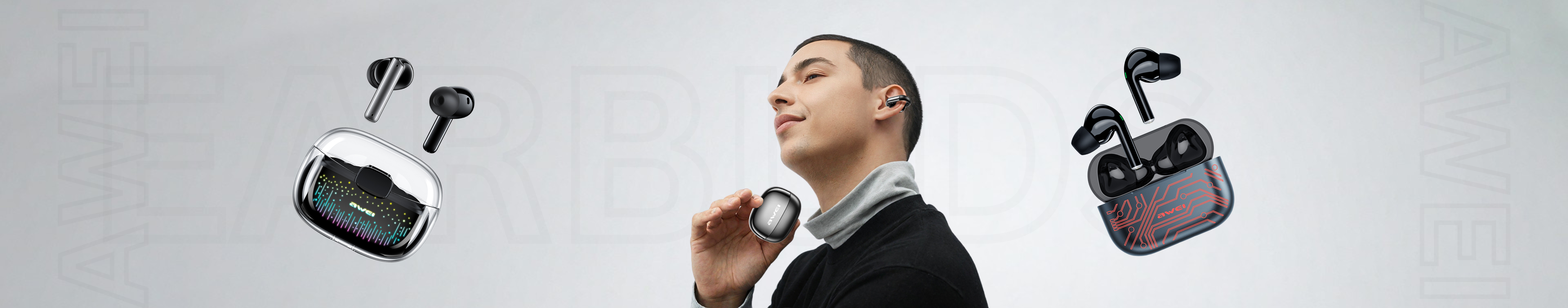 Man holding Awei Pakistan wireless earbuds with charging case on a light gray 