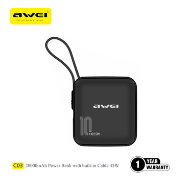 Awei P86K 10000mAh mini power bank built in type c cable Pakistan