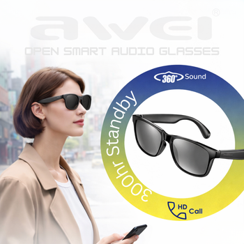 Awei Smart audio glasses with a woman wearing them and holding a phone, featuring the Awei brand Pakistan