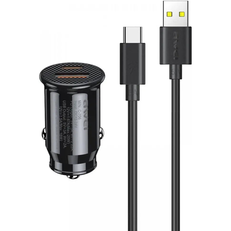 AWEI C-706 Car Charger + USB Data Cable 1M