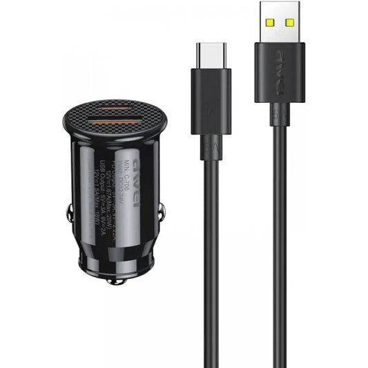 Awei C-706 Car Charger + USB Data Cable 1M - Black
