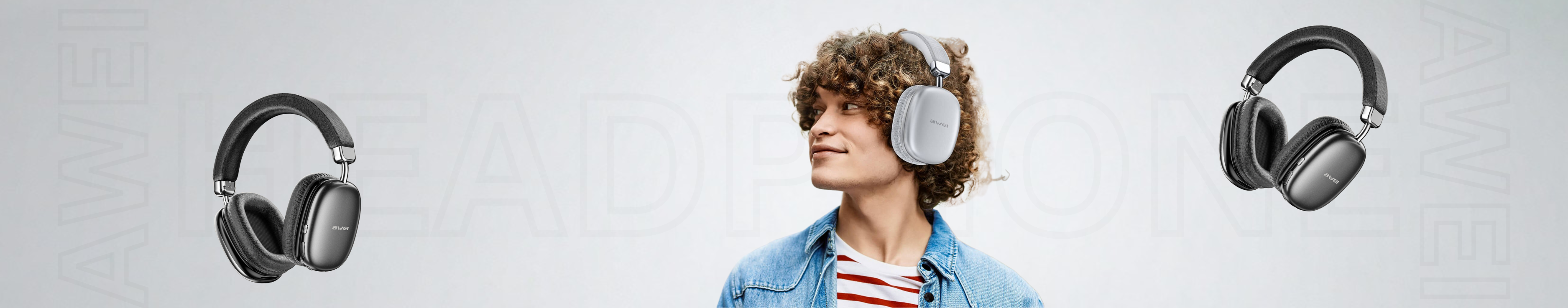 Person wearing Awei  headphones with product on a light gray colour pakistan