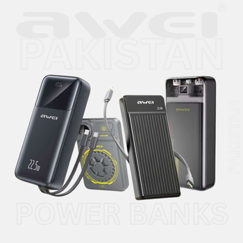 Four Awei power banks on a light gray  'Awei' branding Pakistan.